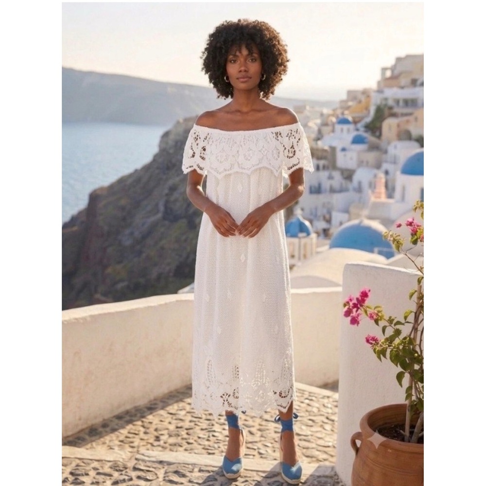 Tuckernuck Avalon Dress Womens XS White Lace Off Shoulder Ruffle Midi Resortwear